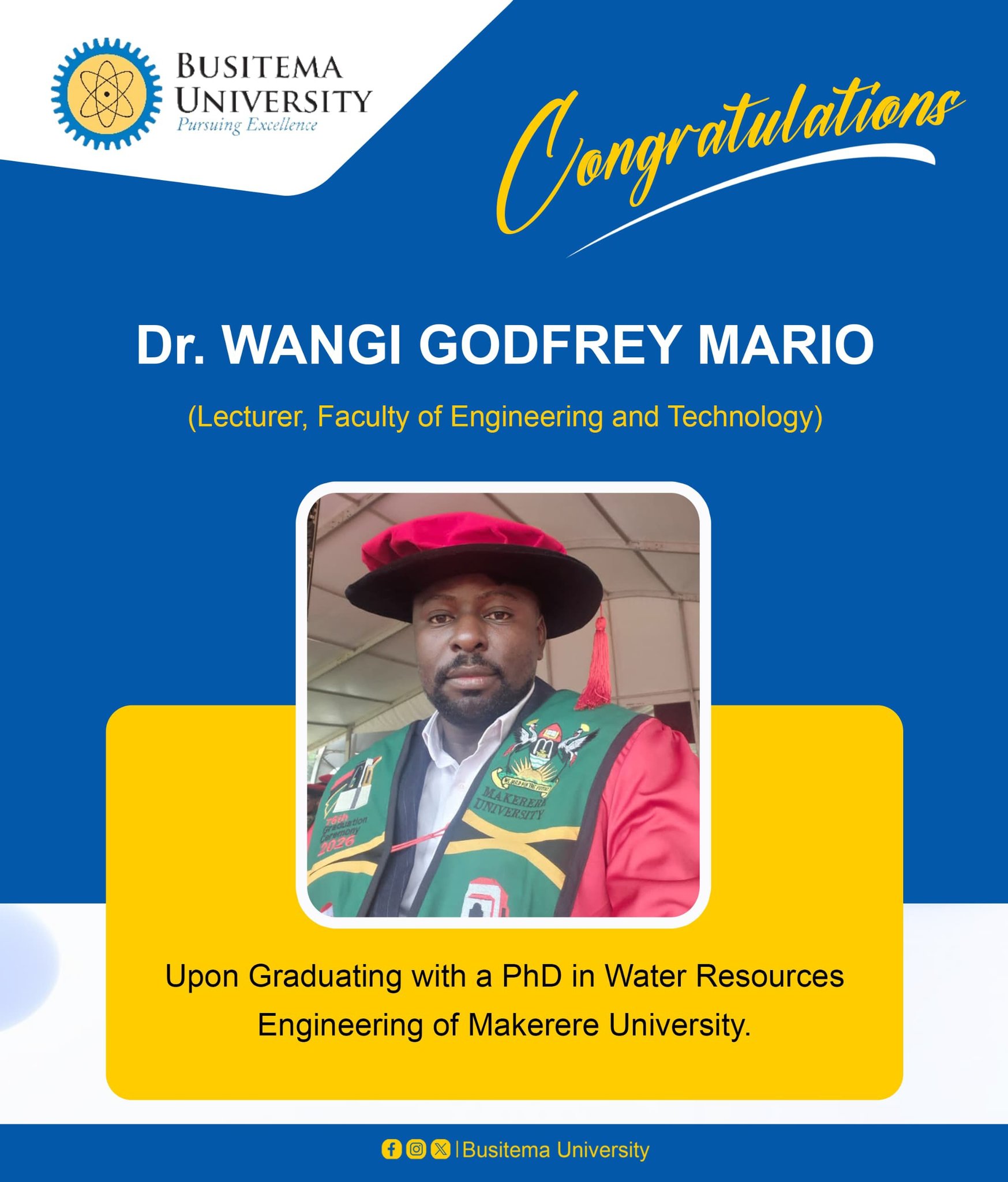 Busitema University Lecturer Dr. Wangi Godfrey Mario Earns PhD, Develops Advanced Nanocomposite for Clean Water