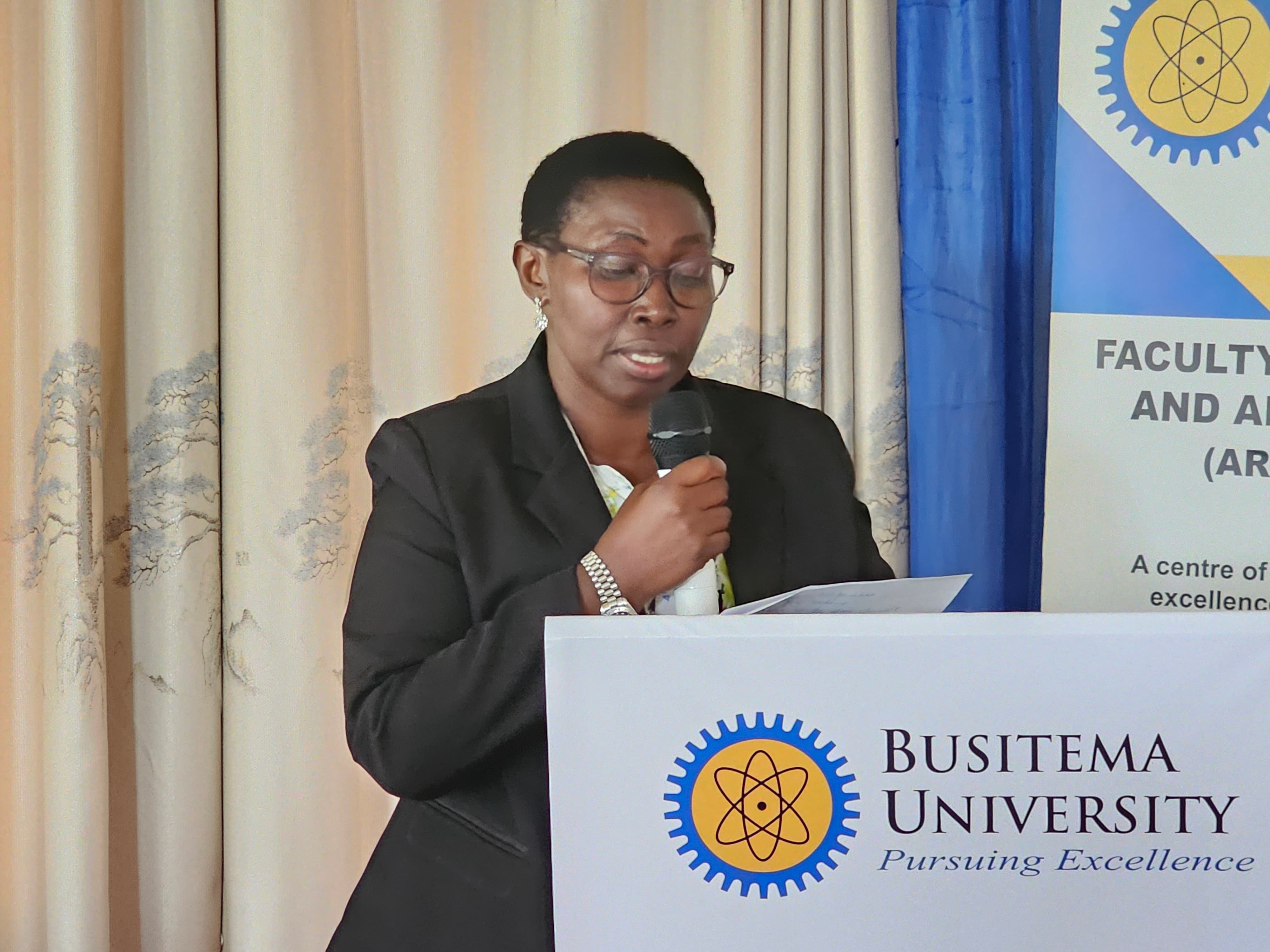 Assoc. Prof. Saphina Biira, Deputy Vice Chancellor for Academic Affairs and Research, addresses participants during the 4th Busitema University Annual Science, Technology and Innovation Symposium at Hursey Resort Hotel in Soroti.