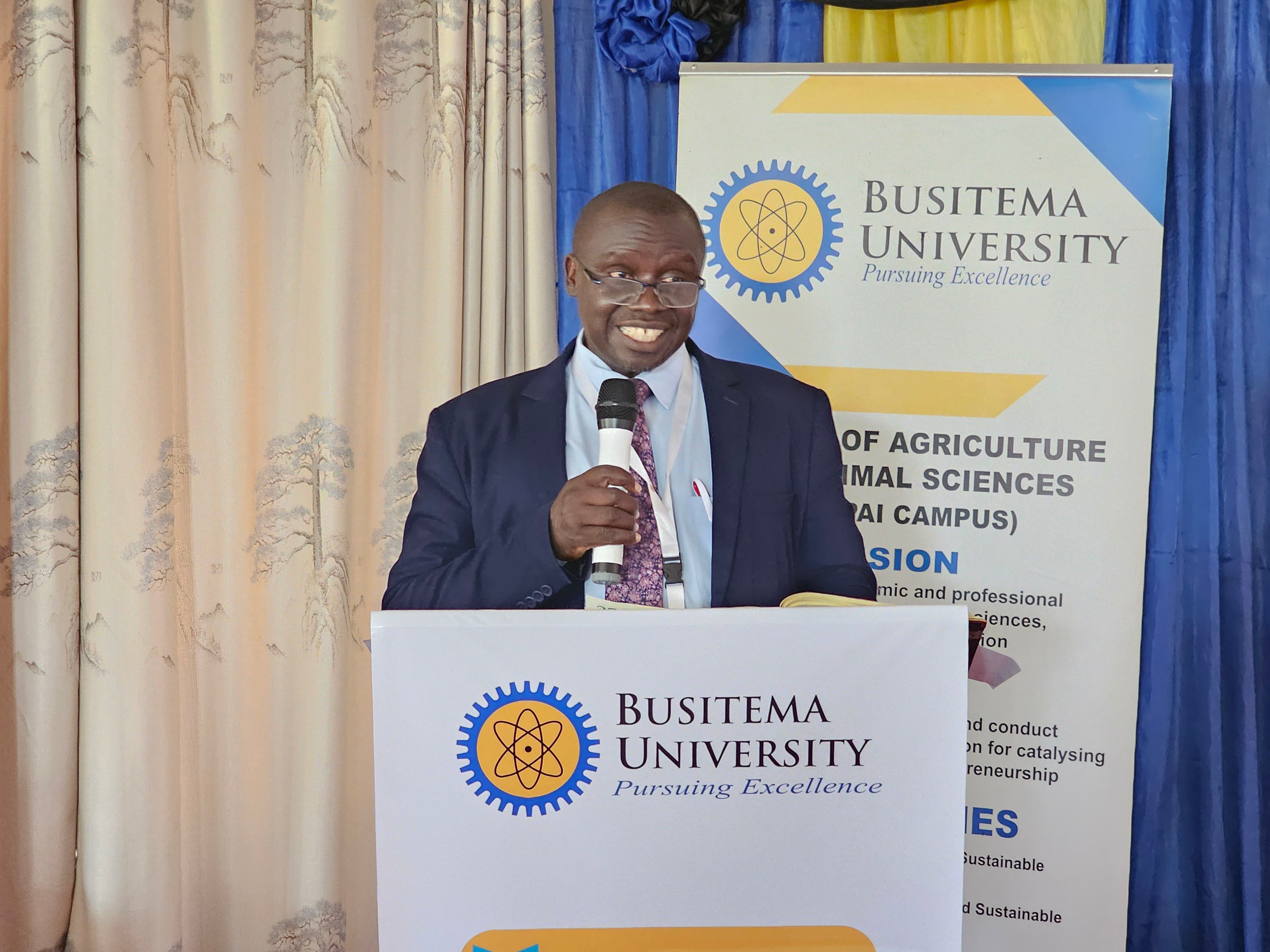Busitema University Vice Chancellor Prof. Paul Waako addresses participants during the 4th Busitema University Annual Science, Technology and Innovation Symposium at Hursey Resort Hotel in Soroti.
