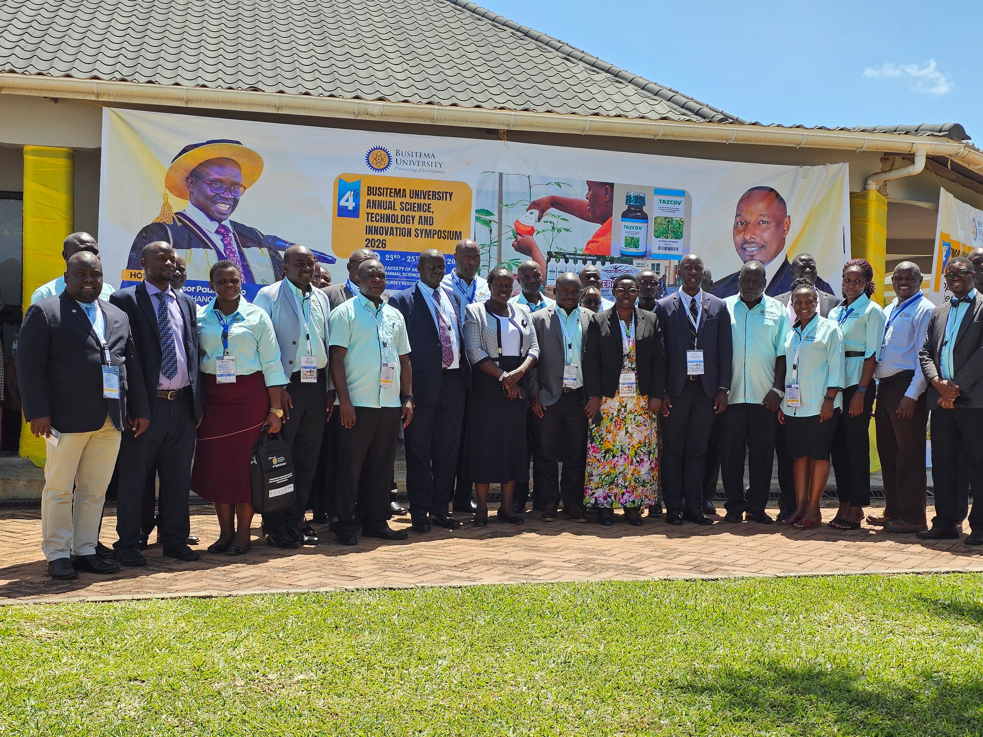 University officials, researchers and participants pose for a group photo during the 4th Busitema University Annual Science, Technology and Innovation Symposium at Hursey Resort Hotel in Soroti.