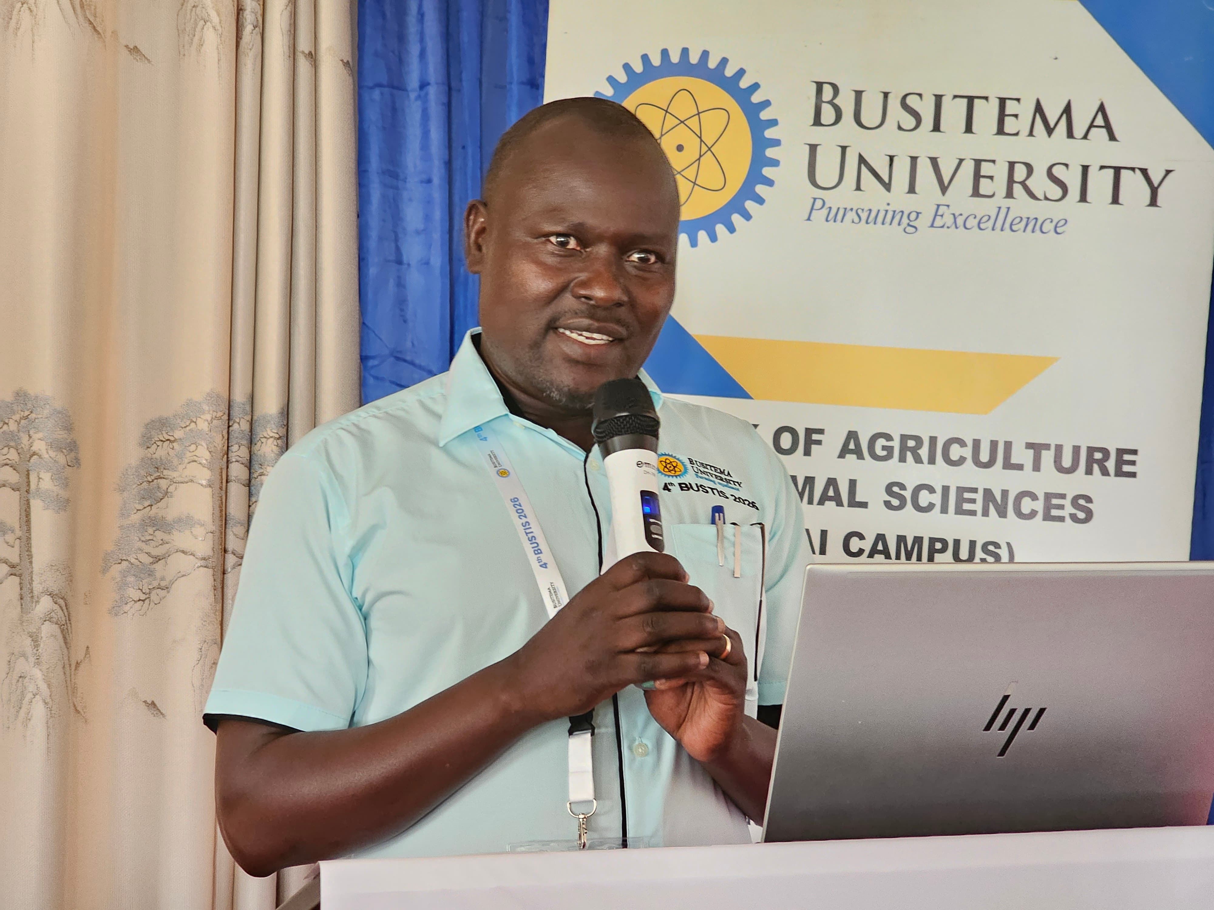 Assoc. Prof. James Peter Egonyu, Dean of the Faculty of Agriculture and Animal Sciences, presents on Black Soldier Fly technology during the 4th Busitema University Annual Science, Technology and Innovation Symposium.