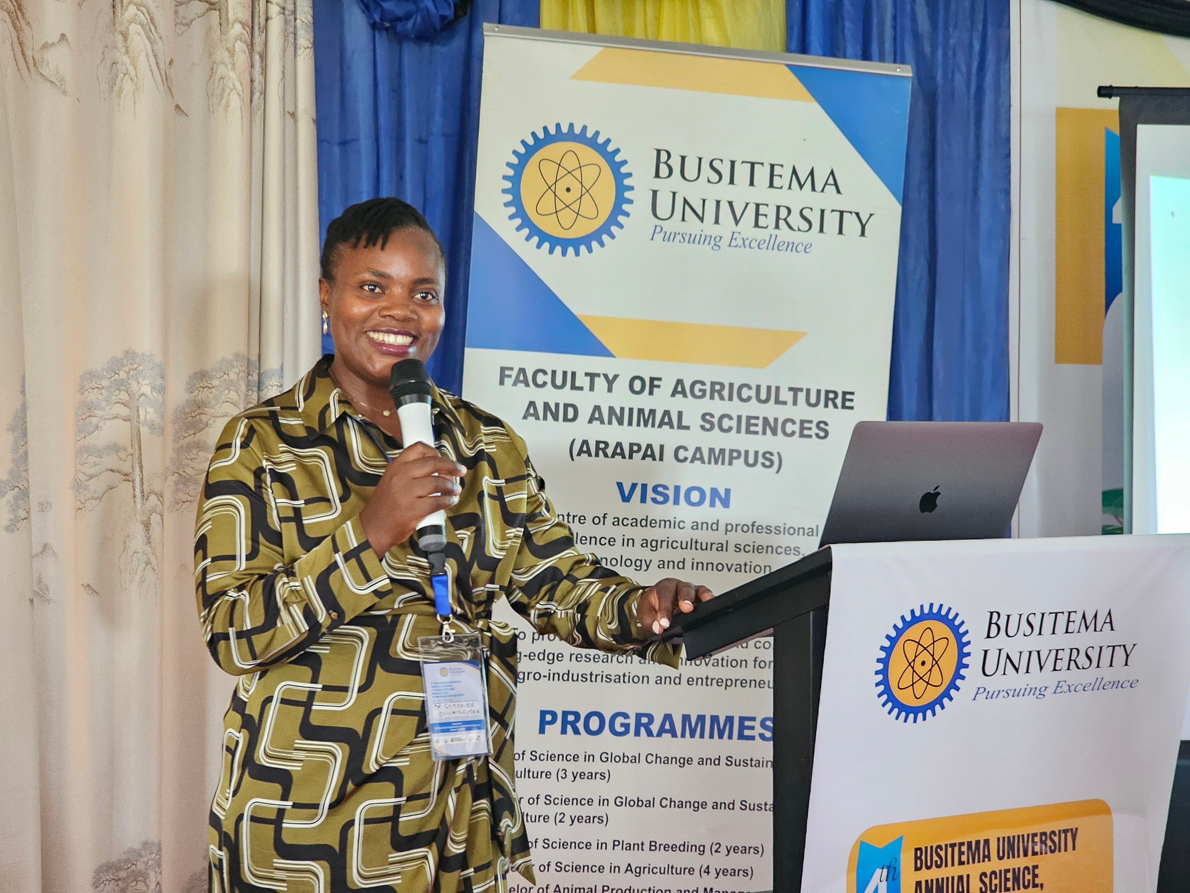 Dr. Godliver Owomugisha, Senior Lecturer in Computer Engineering, presents on the practical use of artificial intelligence during the 4th Busitema University Annual Science, Technology and Innovation Symposium.