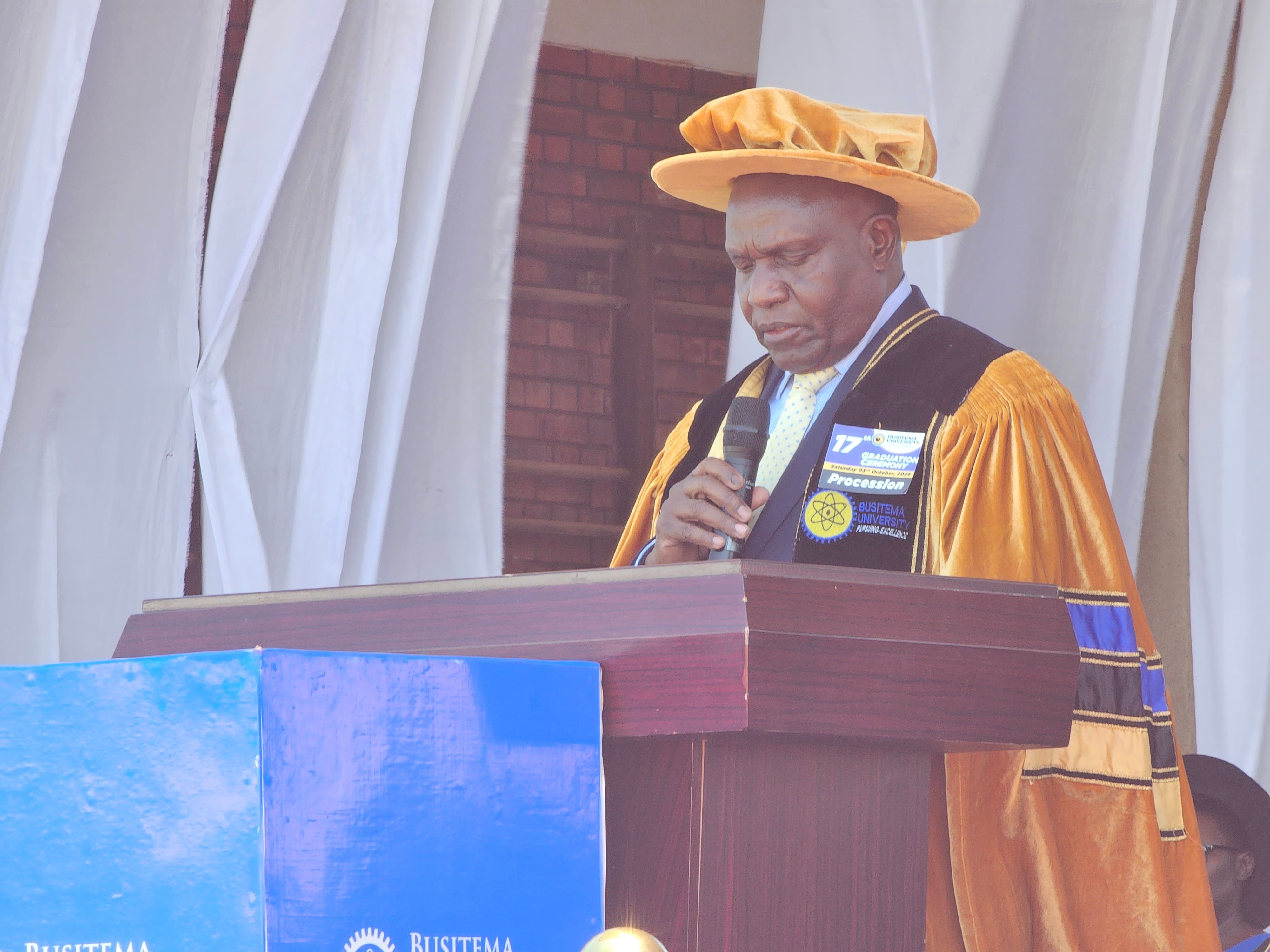 Rt. Hon. Dr. Crispus Walter Kiyonga, Second Deputy Prime Minister and Deputy Leader of Government Business in Parliament, delivers the President’s message during Busitema University’s 17th Graduation Ceremony at Busitema Campus on 3 October 2026.
