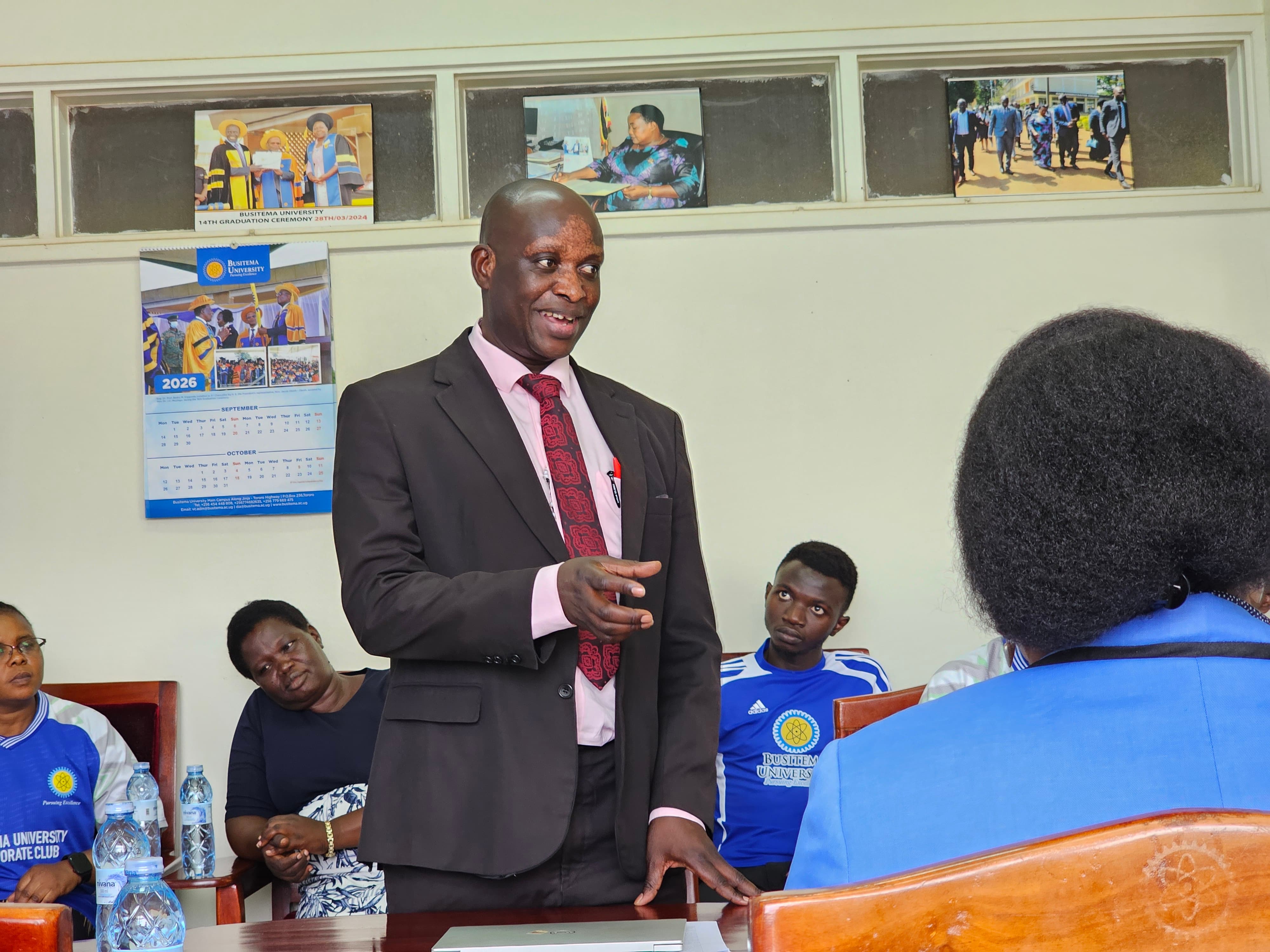 Assoc. Prof. Pakoyo Fadhiru Kamba, Deputy Vice Chancellor for Finance and Administration, commends the corporate sports team for promoting Busitema University's visibility across the country during the flag-off ceremony held on 21 October 2026 at Busitema Campus.