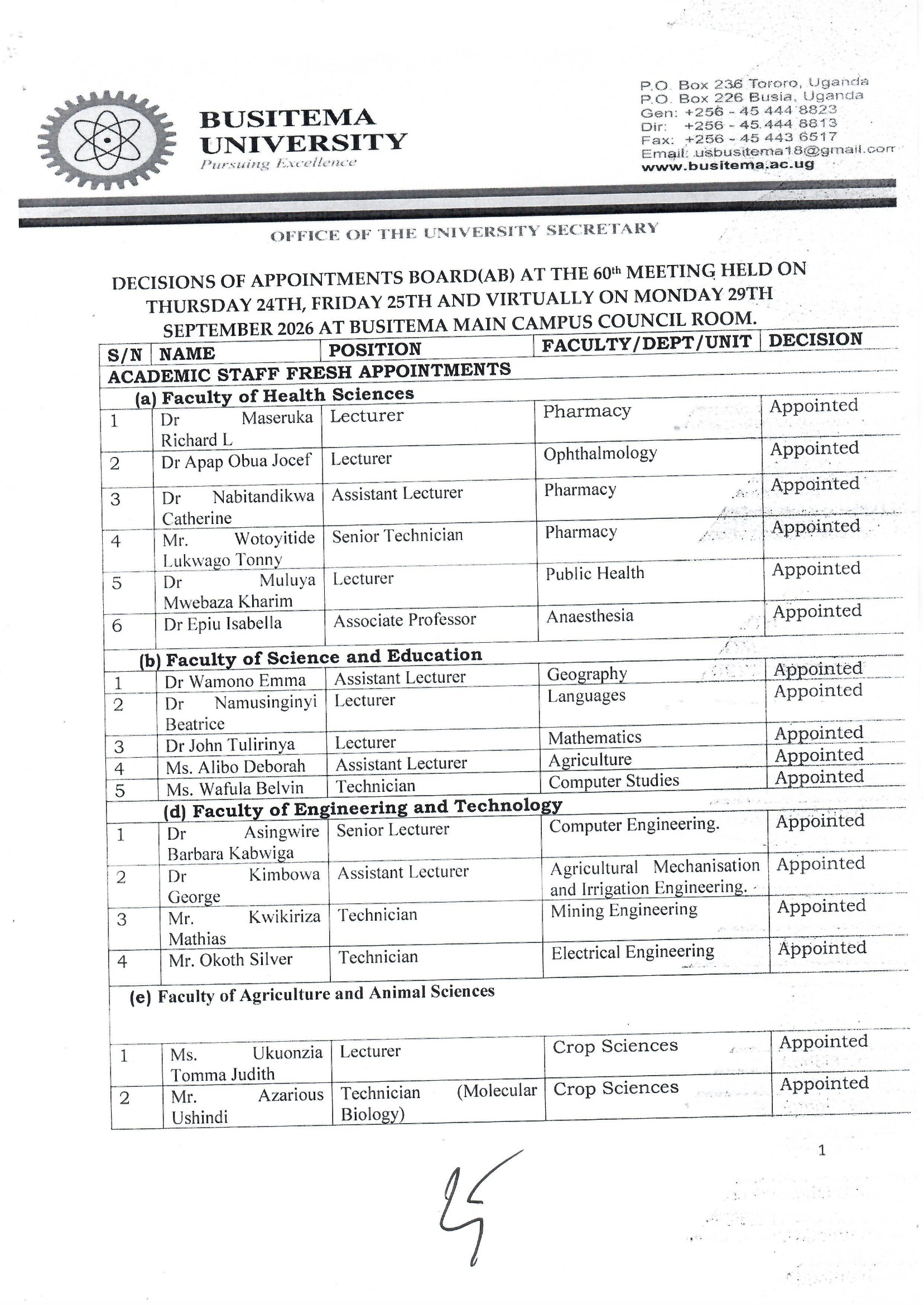 Busitema University Announces Staff Promotions and Appointments Across Multiple Categories