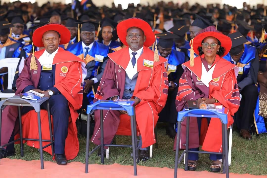 Busitema University’s three PhD graduands during the 17th Graduation Ceremony at Busitema Campus on 3 October 2026. Two graduated in Biodiversity Conservation and Management, while one graduated in Business Administration and Management.