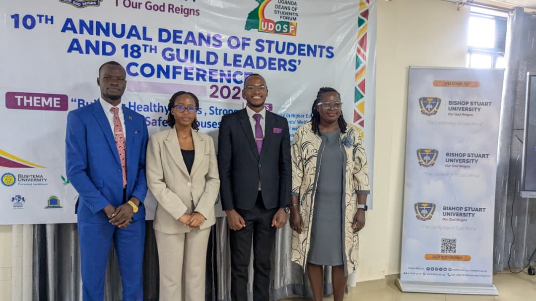 Busitema University’s delegation, comprising the Guild President, Vice Guild President, Finance Minister and Ms Namwagwe Justine, Acting Dean of Students and Senior Warden at Nagongera Campus, poses for a photograph during the 10th Annual Deans of Students and 18th Guild Leaders’ Conference at Bishop Stuart University in Mbarara.